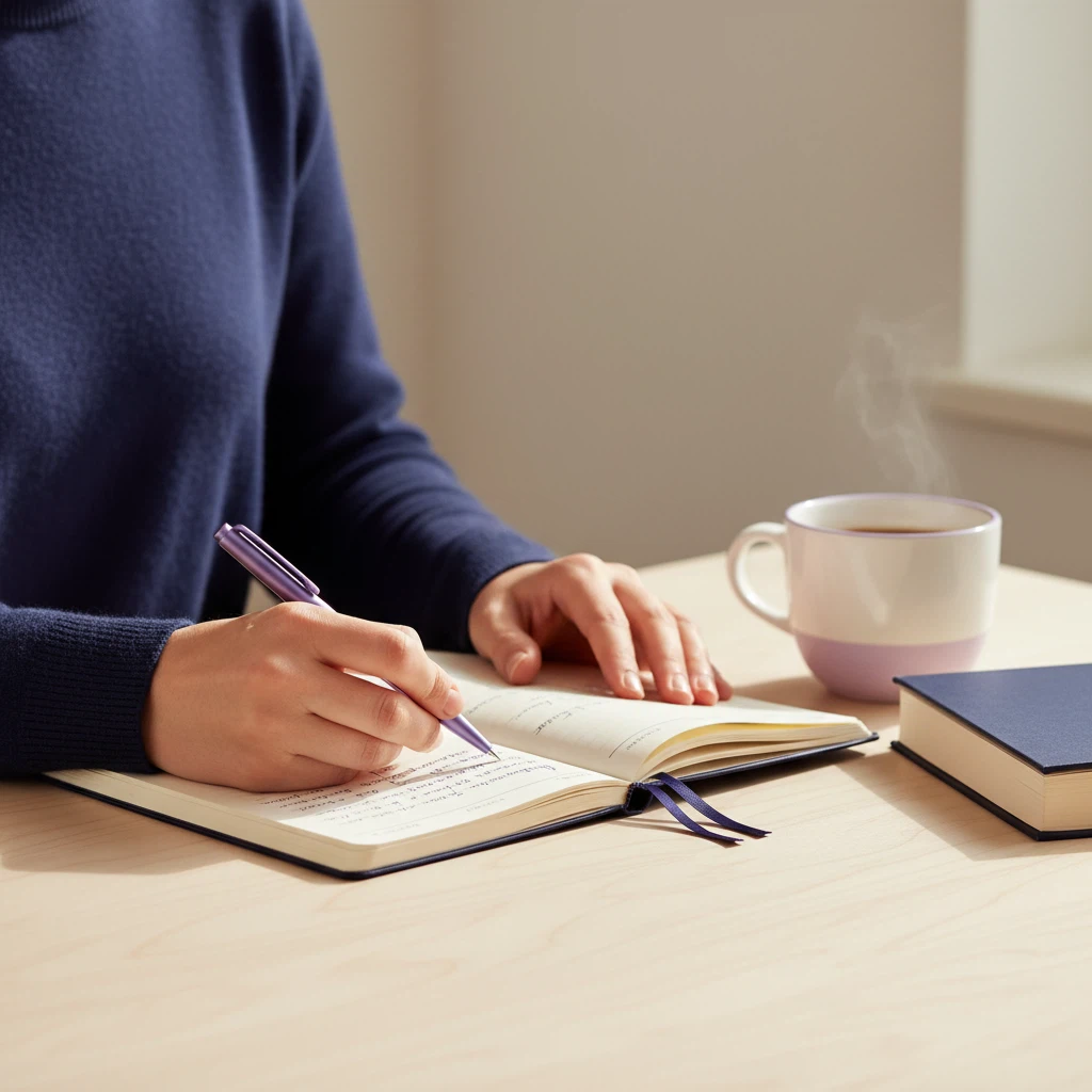 The Vale Wellness editorial columnist's hands resting on an open notebook at a light wood desk
