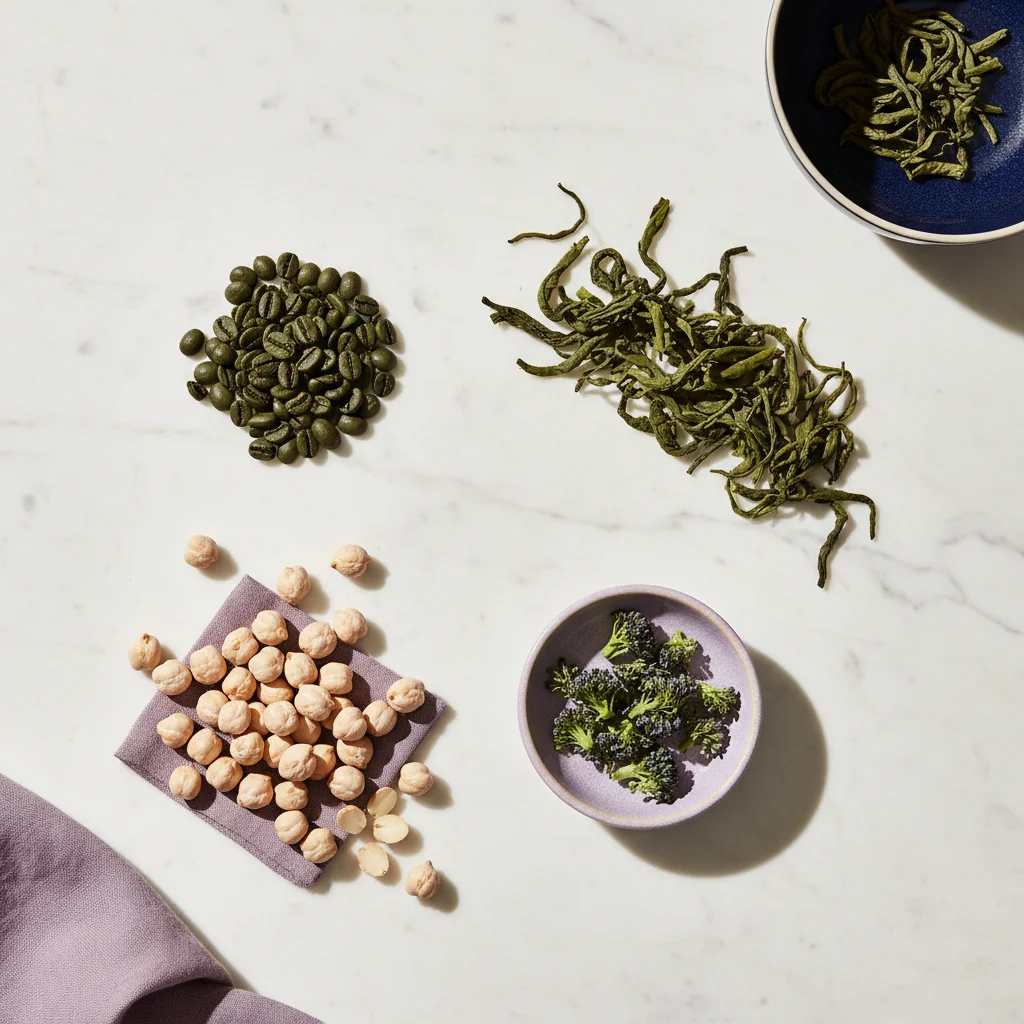 Overhead flat-lay of green coffee beans, green tea leaves, broccoli and chickpeas representing the four key botanical ingredients in Slim Coffee Booster