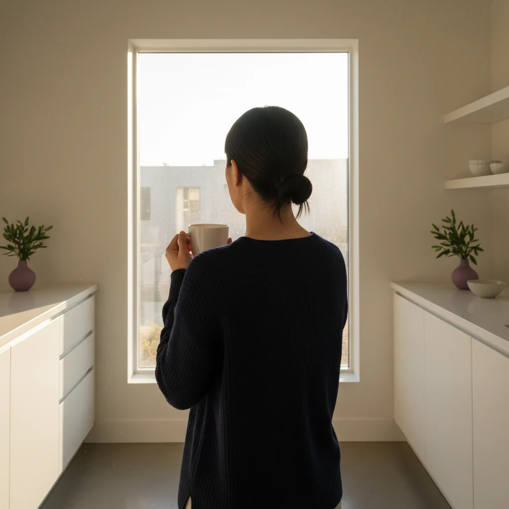 Anonymous person from behind, holding a white ceramic mug in a bright modern kitchen